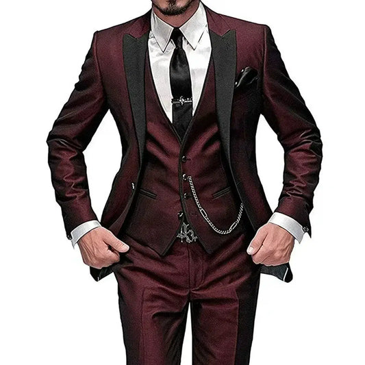 Color: Burgundy, Size: M - Teal Green Suit for Menfull Man Suit3 Pieces Blazer Vest and Pants Setmen's Suit for Wedding daily Lifebusinessparty