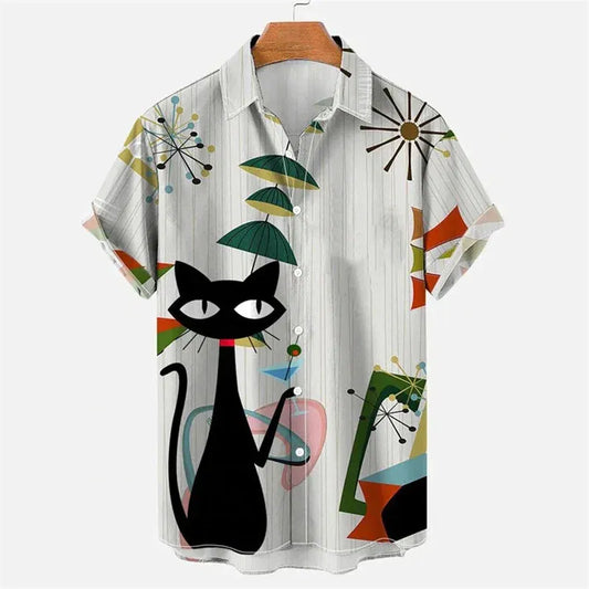 Color: Brown, Size: XXL - Men's Summer Shirts Egyptian Cat 3D Pattern Shirt Summer Lapel Short Sleeve Vintage Tops 2023 Unisex Men's And Women's Clothing