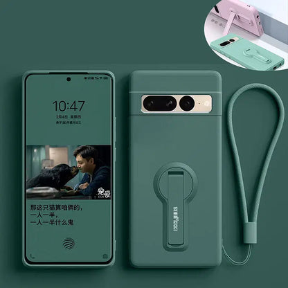 Color: Blue, Material: aluminum - Phone Case For Google Pixel 7 8 6 5 9 Pro XL Pixel 7A 6A 5A 8A 9A Soft Cover Silicone Case with Holder Stand Bracket Lanyard