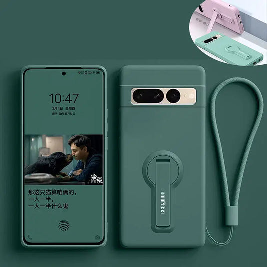 Color: Blue, Material: aluminum - Phone Case For Google Pixel 7 8 6 5 9 Pro XL Pixel 7A 6A 5A 8A 9A Soft Cover Silicone Case with Holder Stand Bracket Lanyard