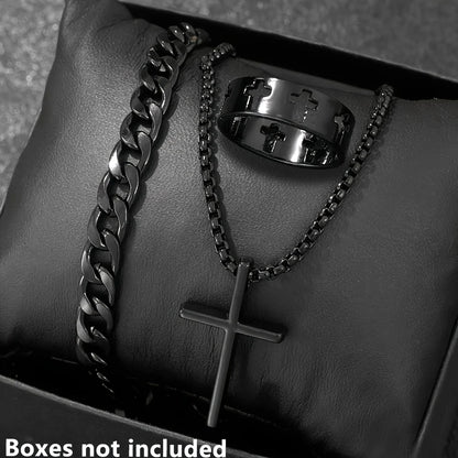 Conjunto de joyería de aleación de moda para hombre de 3 piezas: collar con colgante de cruz, 