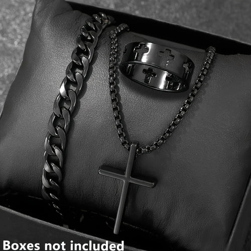 Conjunto de joyería de aleación de moda para hombre de 3 piezas: collar con colgante de cruz, 