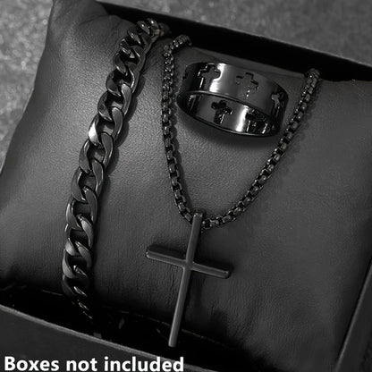 Conjunto de joyería de aleación de moda para hombre de 3 piezas: collar con colgante de cruz, 