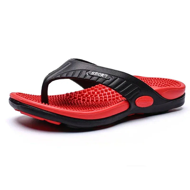 Color: Red, Shoe Size: 46 - Massage Flip Flops for Men Summer Breathable Beach Shoes Sandals Men Luxury Flip Flops Breathable Plus Big Size Men Slippers 46