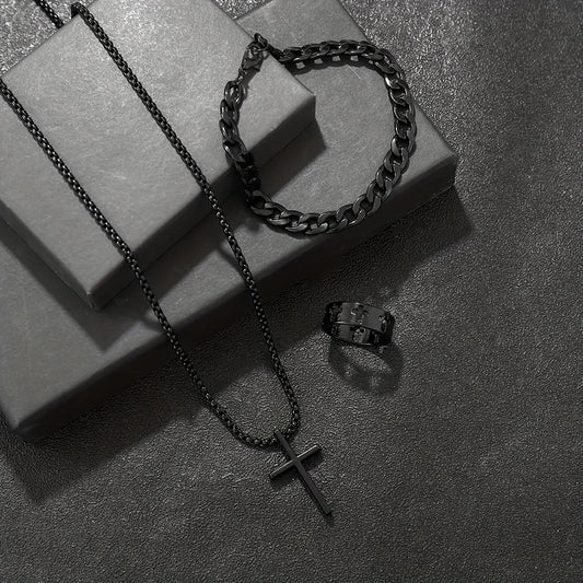 Conjunto de joyería de aleación de moda para hombre de 3 piezas: collar con colgante de cruz, 