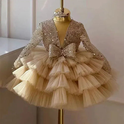 Kid Size: 6T, Color: Brown - 2-12 years old  sequin long-sleeved dress girl puffy dress girl lace birthday wedding flower girl bow performance dress