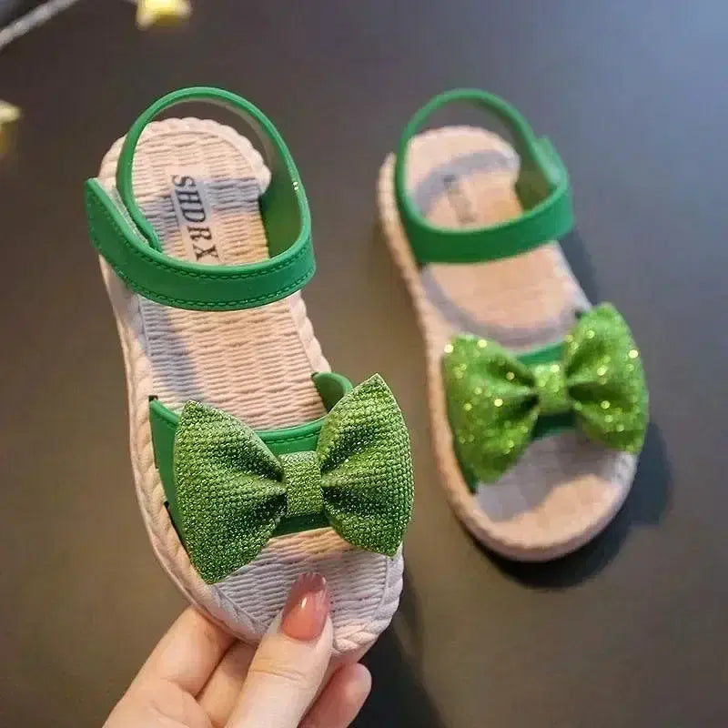 Color: Blue, Shoe Size: 2 - Girls Sandals 2024 Summer Princess Children Sandals Bow Tie Girl Shoes Fashion Casual Non Slip Kids Beach Shoes