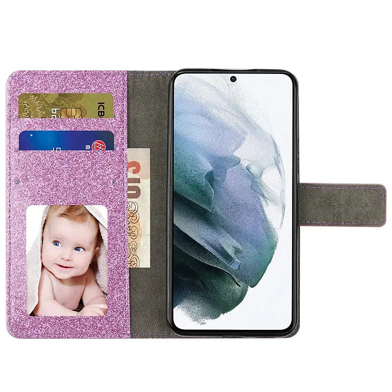 Color: Rose, Material: PVC - Wallet Leather Case For Samsung Galaxy S25 Ultra S24 FE S23 S22 S21 S20 Plus A35 A55 A13 A15 A16 A34 A54 Flip Flash Diamond