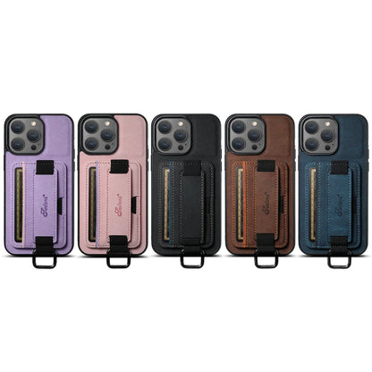 Color: Blue, Material: POLYESTER - SUTENI Lychee skin print wrist strap card phone case Card holder for iPhone 16 ProMax 15 Plus 14 13 12 11 XR XS Black/blue/brown