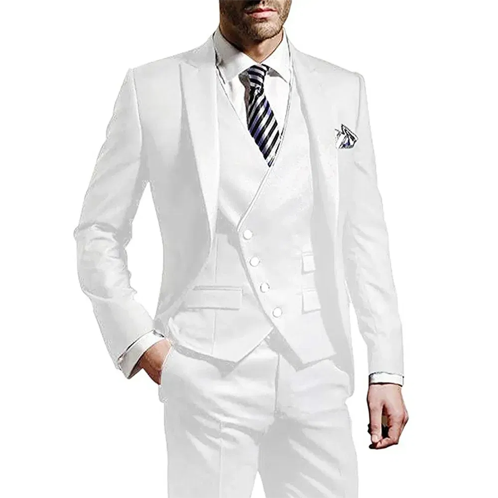 Color: Pink, Size: S, Ships From: CHINA - White Men Wedding Suits Groom Wear Peak Lapel Wedding Groom Tuxedos Business Party Suit 3 Pieces (Jacket+Vest+Pant?Costume Homme