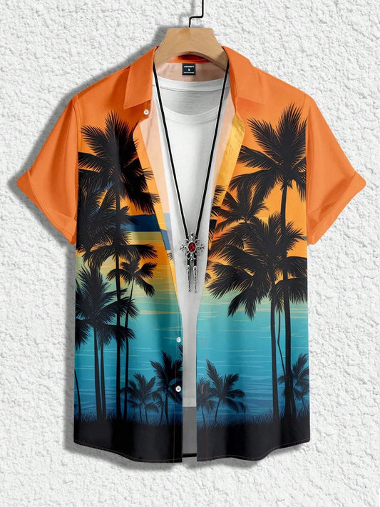 Color: Gold, Size: S - Men's Hawaiian Loose Palm Tree Floral Print Pattern Casual Short Sleeve Shirt Men's Button Up Top