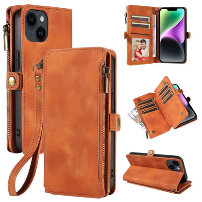 Color: Blue, Material: aluminum - Zipper Multi 9 Cards Wallet Case for OPPO Reno 12 10 8 7 6 5 Pro 11F 11A 8T 6Z 5Z Retro Leather Lanyard Wrist Strap Phone Cover
