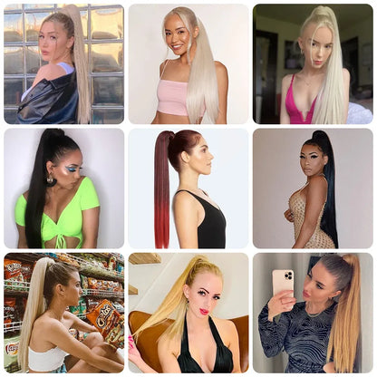 Color: P2/613, Largo estirado: 34 pulgadas - AZQUEEN Postizo sintético liso con cola de caballo de 85 cm, extensiones de cabello con clip envolventes súper largas, cola de caballo para uso diario