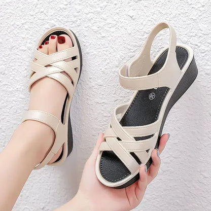 Color: Beige, Shoe Size: 38 - Mother Sandals Summer Soft Soled Middle-aged and Elderly Non-slip Work Shoes 4cm Wedges Flat Grandma Shoes To Wear Outside