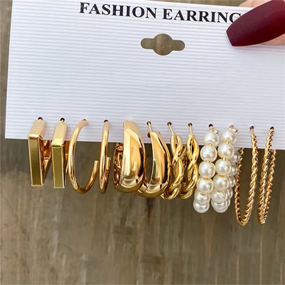 Fashion Geometric Hoop Earrings Set for Women Vintage Bohemian Pearl