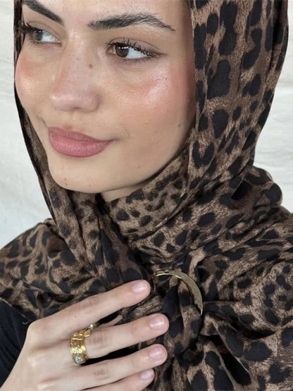 Color: Pink - 1Pcs Ramadan Hijab Leopard Print Women Bohemian Watercolor Soft Muslim Hijabs Floral Breathable Shawl Wrap Scarf Headscarf Warm