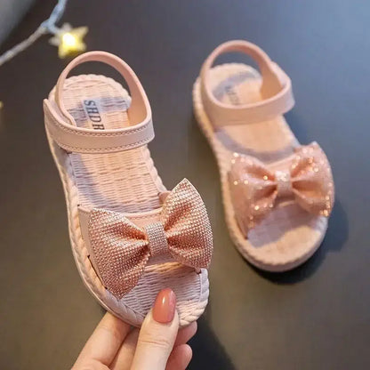 Color: Blue, Shoe Size: 2 - Girls Sandals 2024 Summer Princess Children Sandals Bow Tie Girl Shoes Fashion Casual Non Slip Kids Beach Shoes