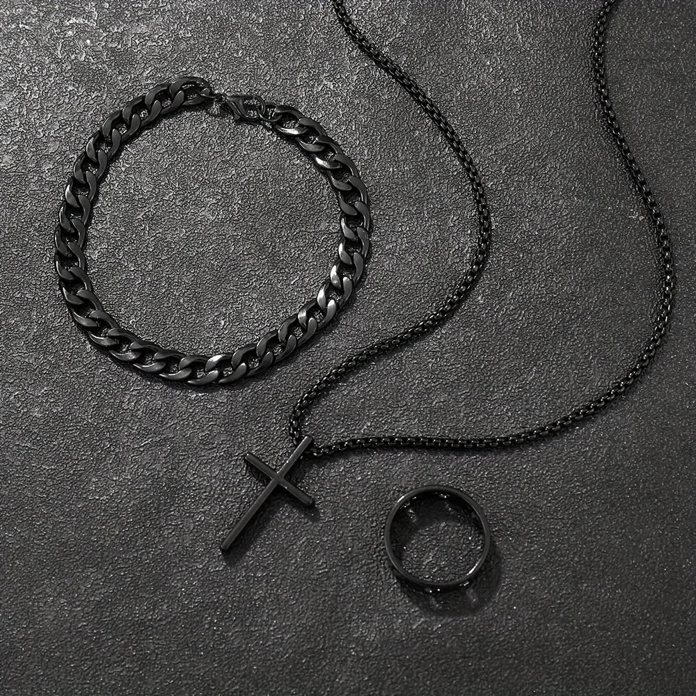 Conjunto de joyería de aleación de moda para hombre de 3 piezas: collar con colgante de cruz, 