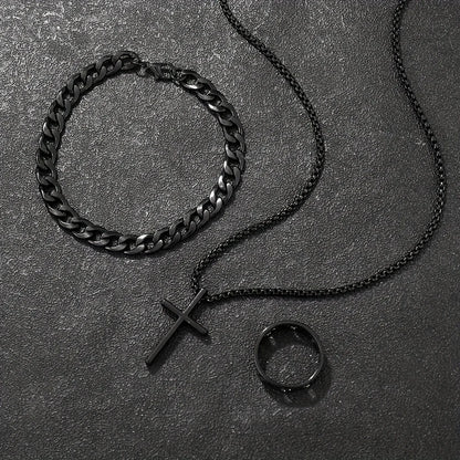 Conjunto de joyería de aleación de moda para hombre de 3 piezas: collar con colgante de cruz, 