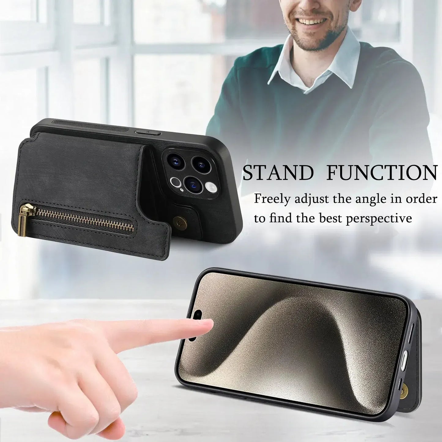 Color: black, Material: EVA - Leather Zipper Wallet with Card Holder Phone Case for IPhone 15 14 11 Pro Max 13 12 Mini X XR XS Max 8 7 Plus Shockproof Cover