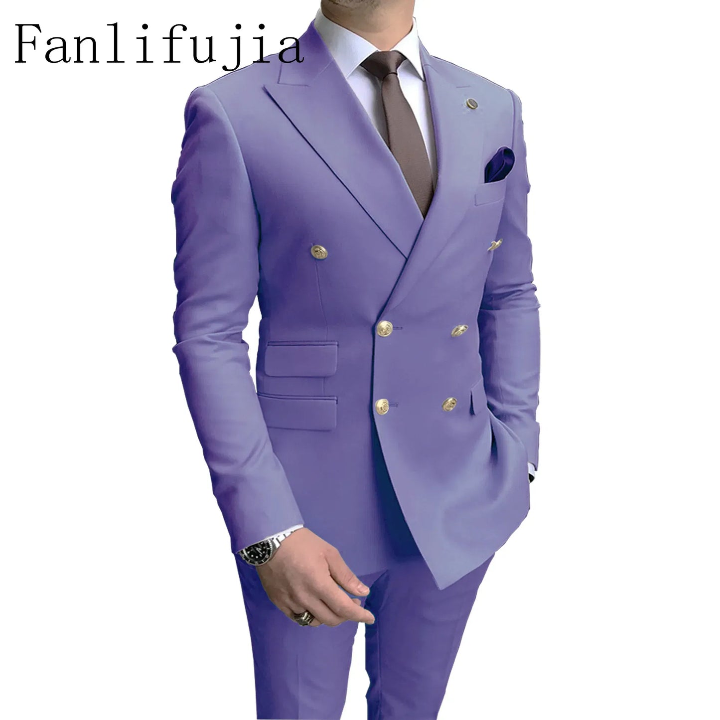 Color: GRAY, Size: 5XL - Fanlifujia Store 2024 Casual Sky Blue Men Suits Double Brested Peak Lapel  Gold Button Groom Wedding Tuxedos Best Costume Homme
