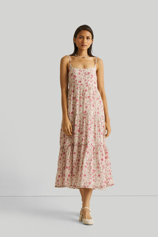 Vestido largo de tirantes con estampado floral rosa