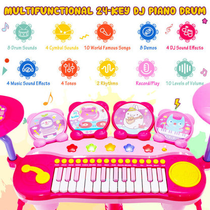 24-Key Piano Keyboard DJ Drum Combination with Microphone and MP3-Pink - Color: Pink