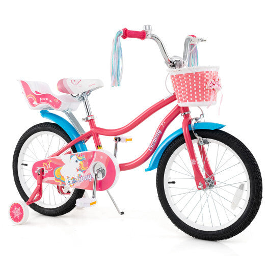 18 Inch Girls Bike for 3-5 Years Old Kids Bike with Doll Seat and Training Wheels - Color: Pink - Size: 18 inches