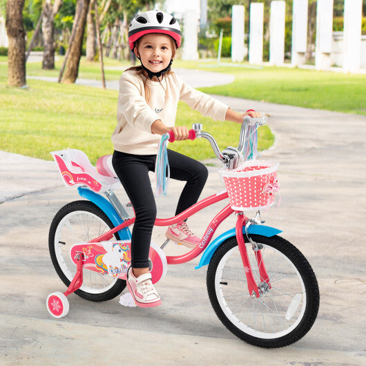 18 Inch Girls Bike for 3-5 Years Old Kids Bike with Doll Seat and Training Wheels - Color: Pink - Size: 18 inches