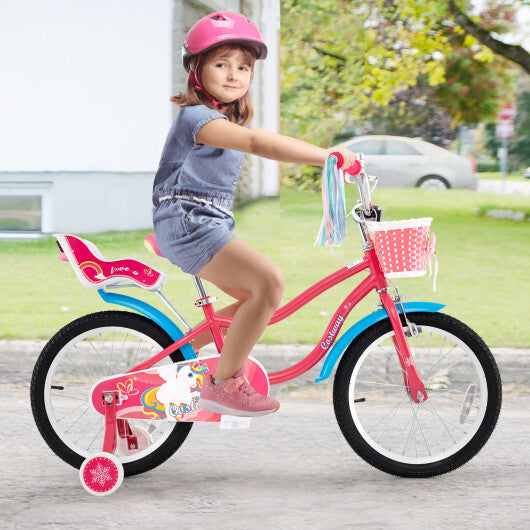18 Inch Girls Bike for 3-5 Years Old Kids Bike with Doll Seat and Training Wheels - Color: Pink - Size: 18 inches