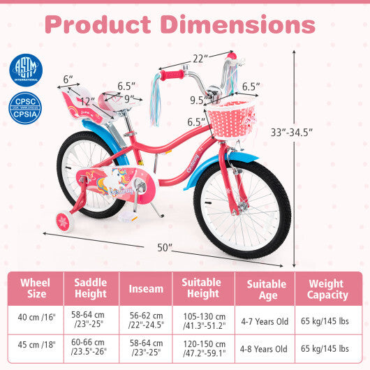 18 Inch Girls Bike for 3-5 Years Old Kids Bike with Doll Seat and Training Wheels - Color: Pink - Size: 18 inches