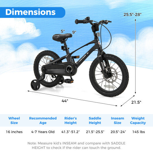 16 Inch Kids Bike Lightweight with 2 Removable Training Wheels for Aged 4-7-16 inches - Color: Black - Size: 16 inches