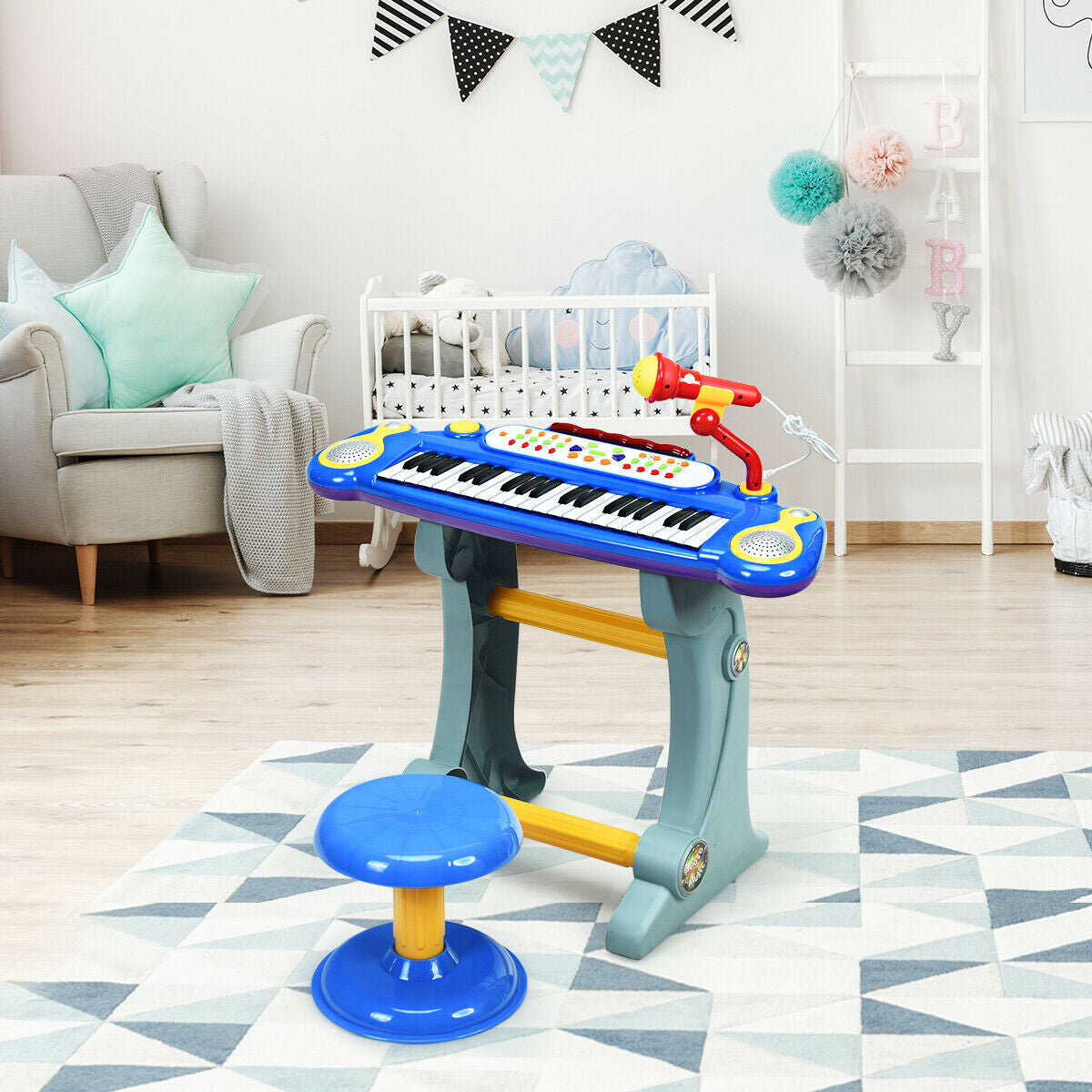 37 Key Electronic Keyboard Kids Toy Piano-Blue - Color: Blue