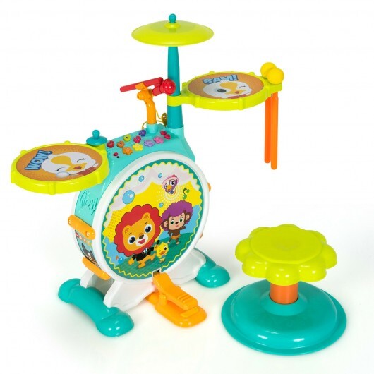 3 Pieces Electric Kids Drum Set with Microphone Stool Pedal - Color: Green