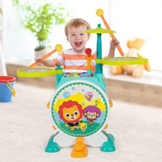 3 Pieces Electric Kids Drum Set with Microphone Stool Pedal - Color: Green