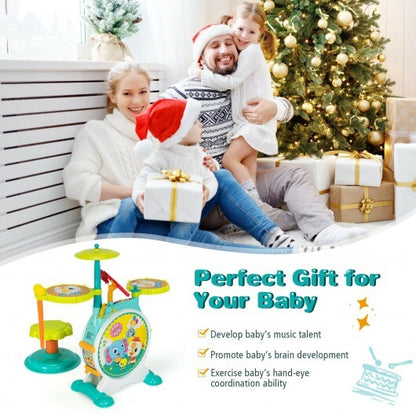 3 Pieces Electric Kids Drum Set with Microphone Stool Pedal - Color: Green