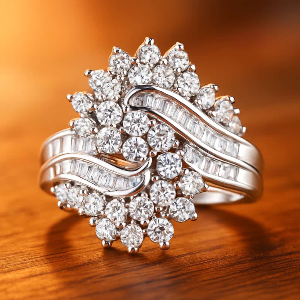 10K White Gold 1/2 Cttw Round and Baguette-Cut "S" Shaped Bypass Cocktail Ring (I-J Color, I1-I2 Clarity) - Size 6