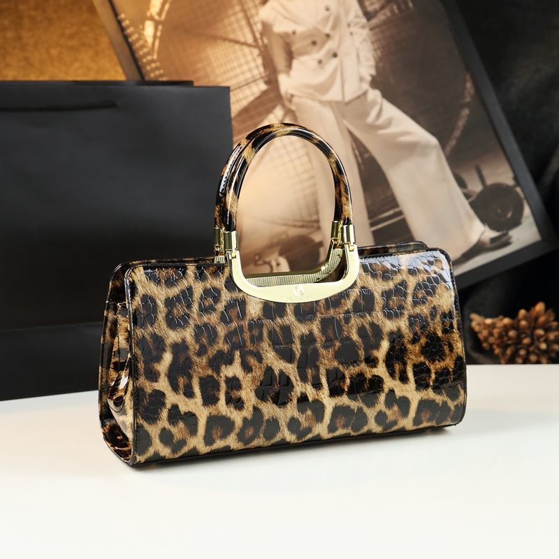 Color: Leopard Print - Cowhide Women's Patent Leather Handbag Crossbody Bag