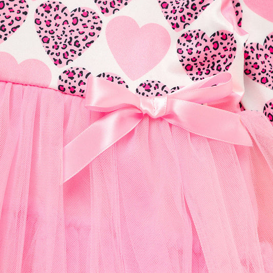 Vestido de gasa de malla con estampado de corazón para niña 