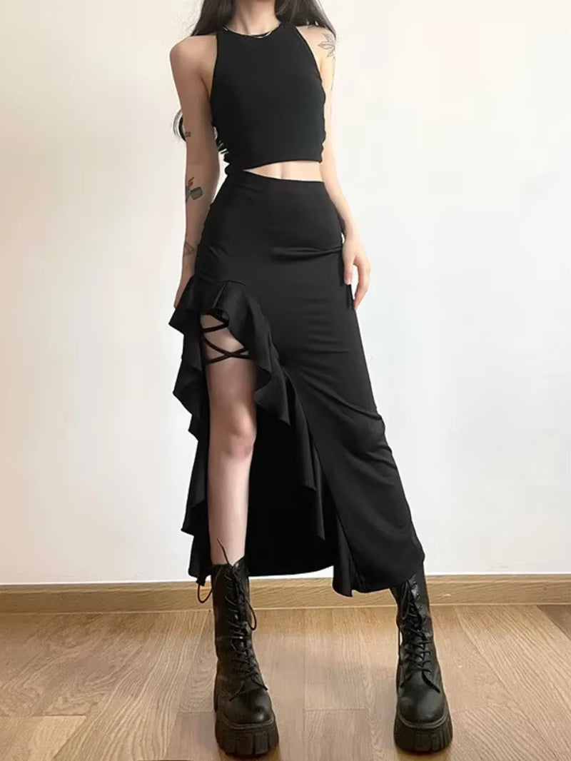 High-Waisted Half-Split Y2K Skirt Slim Skirts Streetwear Solid Micro-Pleats Bustier Skirt Evening Dresses Bandage Women Clothing