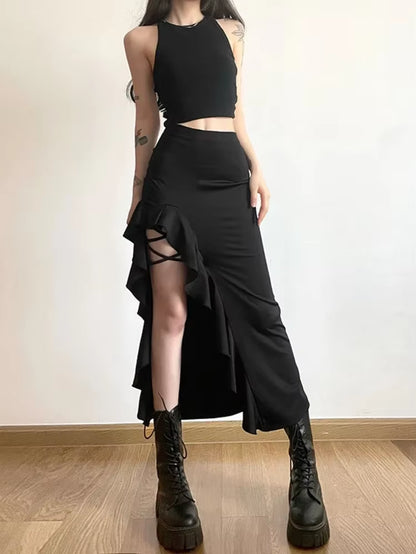 High-Waisted Half-Split Y2K Skirt Slim Skirts Streetwear Solid Micro-Pleats Bustier Skirt Evening Dresses Bandage Women Clothing
