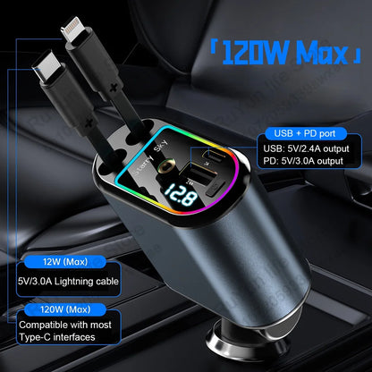 4 in 1 Retractable Car Charger with USB C Lightning Cable Starlight in Auto Roof Fast Charging for Iphone Samsung Phones