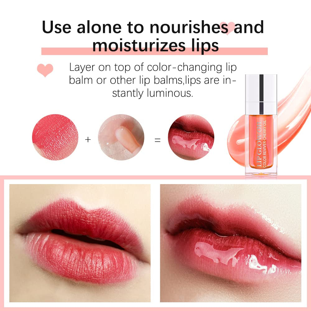 Plumping Lip Oil,Hydrating and Tinted Lip Balm,Nourishing Glow Oil for Lip Care, Transparent Non-Sticky Big Brush Head Glitter Shine Primer Lip Tint(Raspberry)