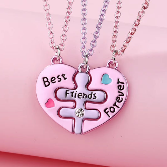 3Pcs/Set Girls' Cute Puzzle-Shaped Zinc Alloy Colorful Pendant Best Friend Necklace BFF Friendship Jewelry Gifts for Kids