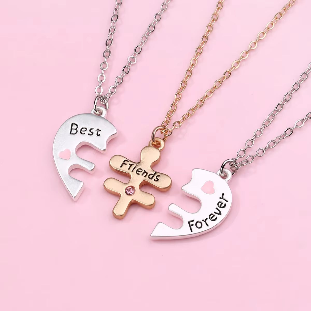 3Pcs/Set Girls' Cute Puzzle-Shaped Zinc Alloy Colorful Pendant Best Friend Necklace BFF Friendship Jewelry Gifts for Kids