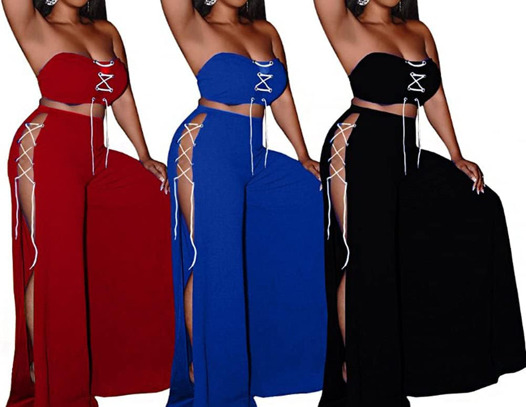 Dressy Rompers for Women Casual Summer Outfits for Women 2 Piece Sets - Sexy off Shoulder Strapless Lace up Crop Tube Tops and High Split Wide Leg Palazzo Long Pants Set Jumpsuits Clubwear Black, S