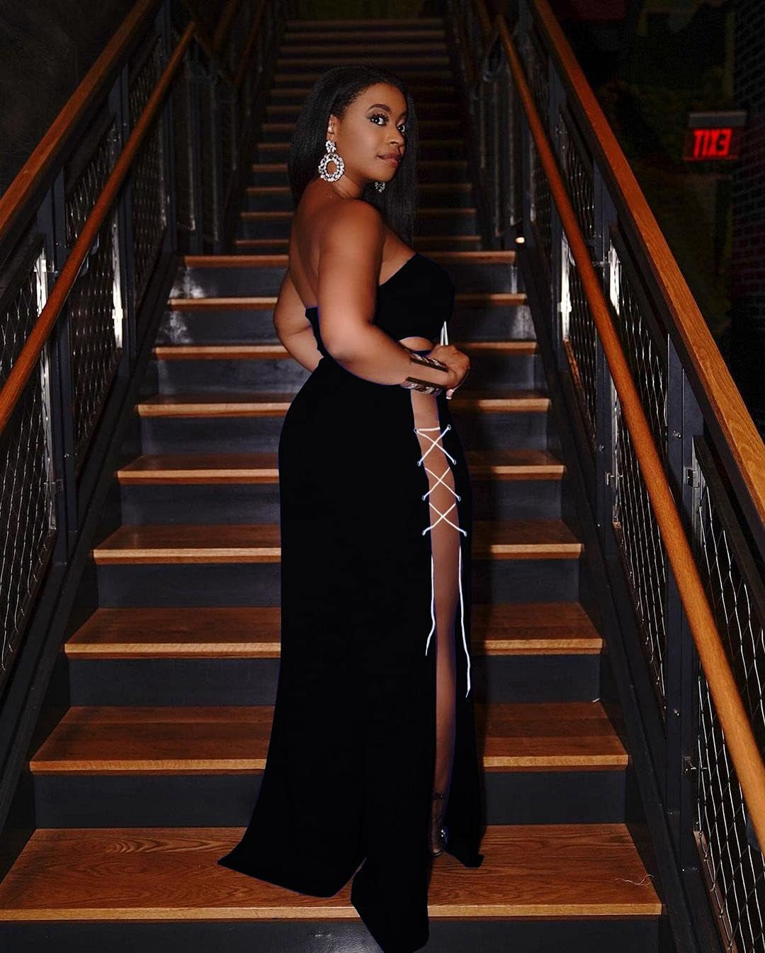 Dressy Rompers for Women Casual Summer Outfits for Women 2 Piece Sets - Sexy off Shoulder Strapless Lace up Crop Tube Tops and High Split Wide Leg Palazzo Long Pants Set Jumpsuits Clubwear Black, S