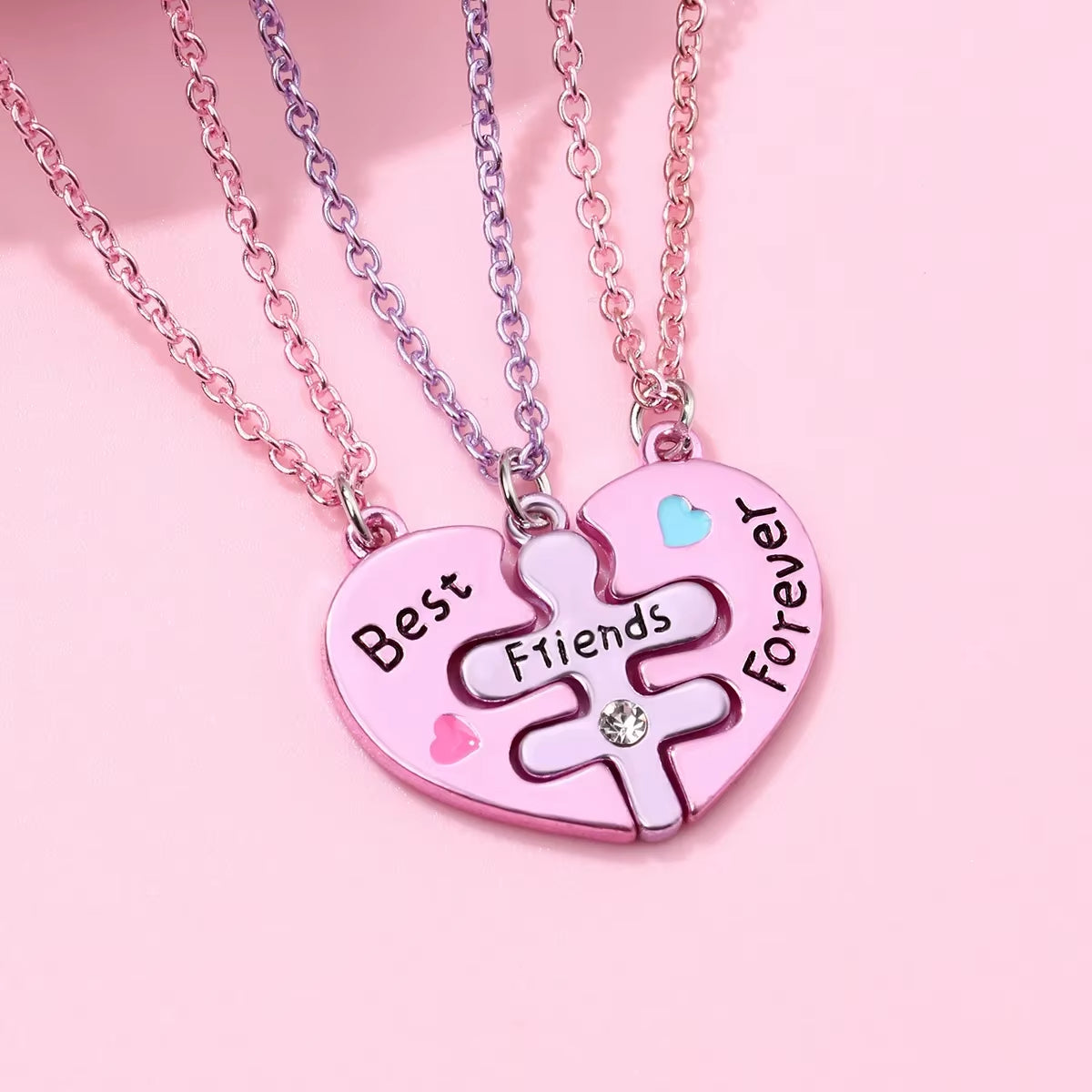 3Pcs/Set Girls' Cute Puzzle-Shaped Zinc Alloy Colorful Pendant Best Friend Necklace BFF Friendship Jewelry Gifts for Kids