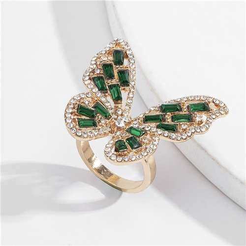 Three-dimensional Butterfly Rhinestone Inlaid Elegant High Fashion Women Wholesale Costume Ring - Gold Green