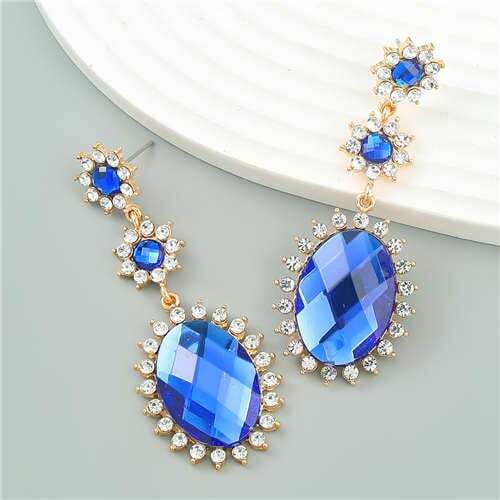 Vintage Elegant Royal Court Style Oval Pendant Sunflower Wholesale Earrings - Blue
